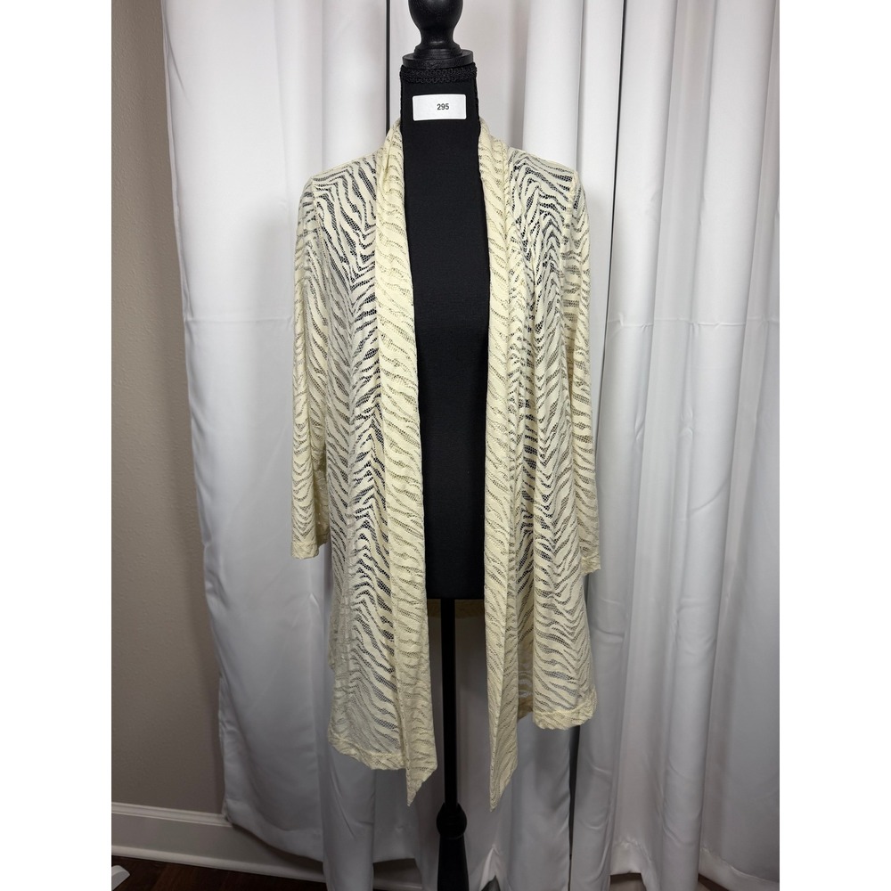 Susan Graver Lace Cardigan Women's L Ivory Cream Sheer Animal Print Open Front